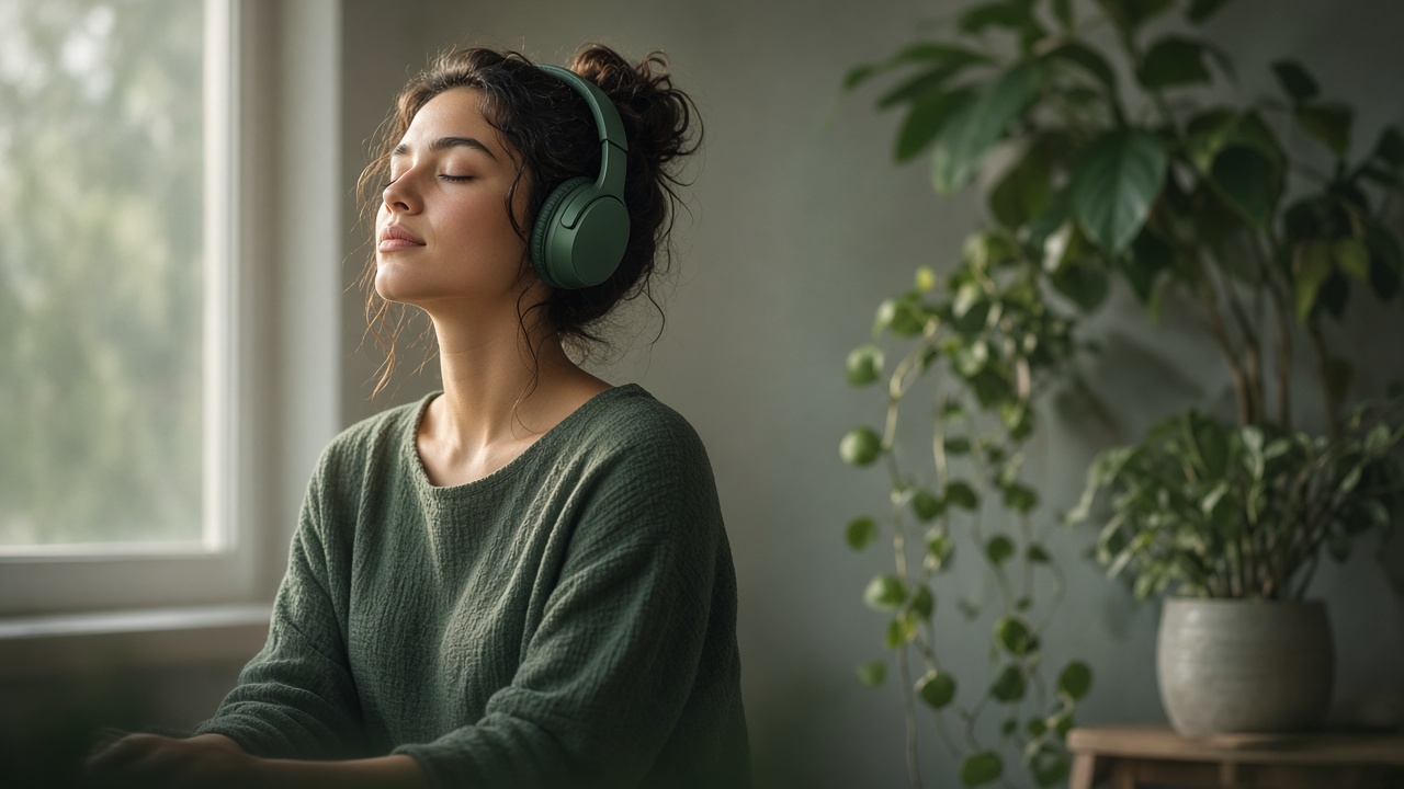 Person listening to a guided session in soft morning light